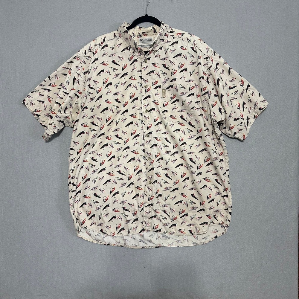Columbia Mens XXL Fly Fishing Lure Print Short Sleeve Button Down Cotton Shirt